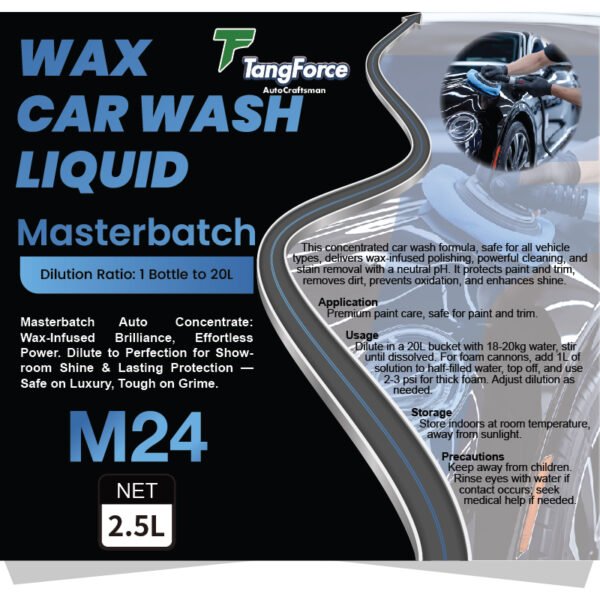 TangForce AutoCraftsman Wax Car Wash Liquid M24 (2.5L) – Black packaging with blue and white text, featuring dilution instructions, application steps, and a car-washing illustration. Label emphasizes wax-infused shine, paint protection, and safety precautions.