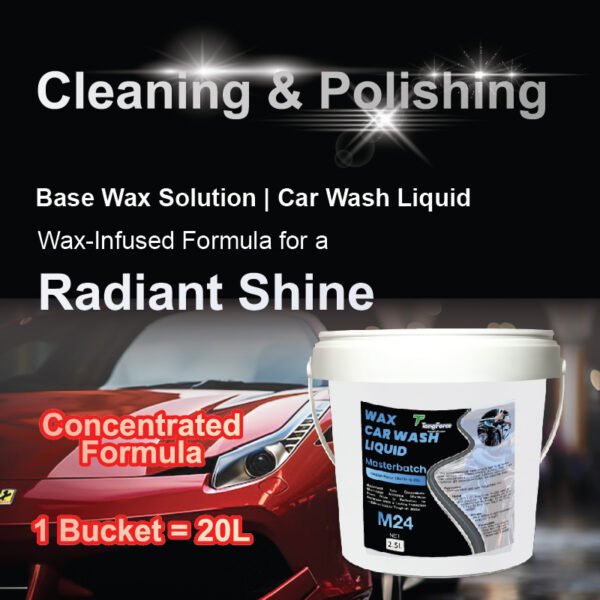 Advertisement for TungForce M24 Wax Car Wash Liquid (2.5L) featuring a red car and a white bucket. Label highlights concentrated formula (1:20 dilution), wax-infused shine, and 'Cleaning & Polishing' benefits in bold blue and white text