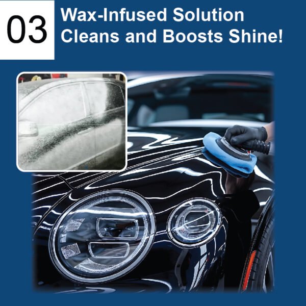 Close-up of a black car hood being polished with a blue sponge applicator by a gloved hand. Before/after inset shows transformation from dull to glossy. Text reads 'Wax-Infused Solution: Cleans and Boosts Shine!' against dark blue background.