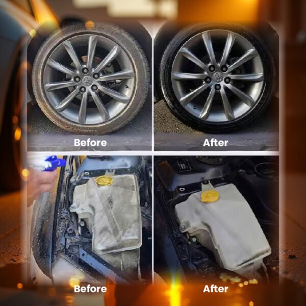Four-panel before-and-after comparison: Top-left shows dirty tire/rim (Before), top-right shows cleaned tire/rim (After). Bottom-left displays dusty engine part (Before), bottom-right reveals spotless engine part (After). Warm-toned background highlights dramatic cleaning results.