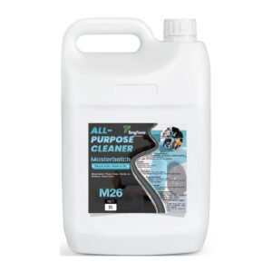 White 2L plastic bottle of TangForce Masterbatch M26 cleaner with blue/black label, prominently displaying 'ALL-PURPOSE CLEANER', dilution ratio (1:10), citrus/gentle fragrances, and multi-surface compatibility (glass/metal/plastic). Small icons depict usage scenarios.