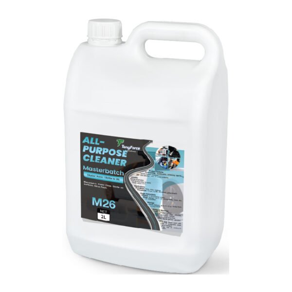 White 2-liter plastic container of TangForce Masterbatch M26 All-Purpose Cleaner with handle and blue/black label, prominently displaying product name, model number (M26), and capacity (2L).