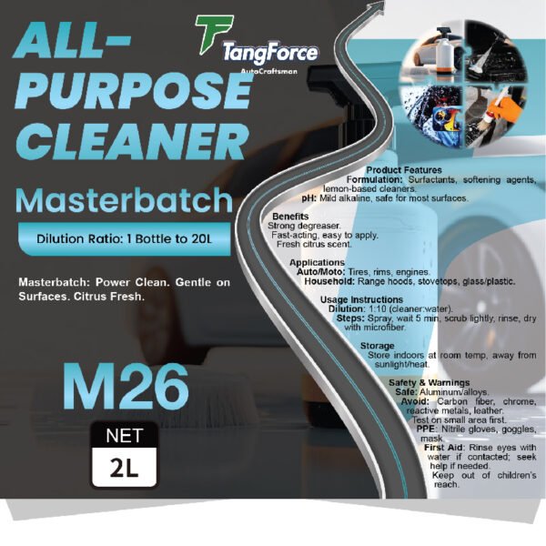 Label for TangForce AutoCraftsman Masterbatch M26 All-Purpose Cleaner (2L) showing dilution ratio (1:20), citrus scent, and multi-surface applications (auto tires, range hoods). Includes safety warnings and usage instructions with surfactant formula details.