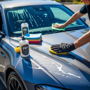 A person in black gloves washes a blue car's hood with a yellow sponge while another person wipes the windshield with a green cloth. Car detailing products, including 'PH+' labeled wash soap and colorful microfiber towels, are placed nearby.